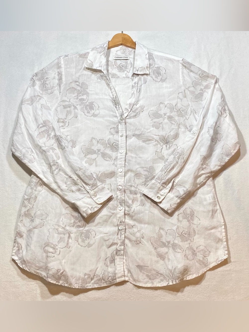 Womens Size XL Coldwater Creek White Floral Button Front Semi Sheer Top READ